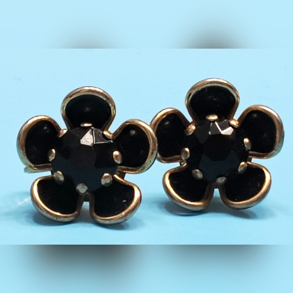 Black Floral Vintage Clip On Earrings With Gold trim